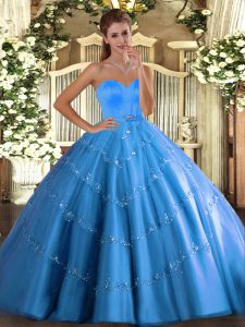 Free and Easy Baby Blue Ball Gowns Sweetheart Sleeveless Tulle Floor Length Lace Up Beading and Appliques Sweet 16 Dresses