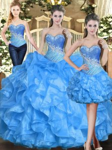 Baby Blue Sleeveless Organza Lace Up Quinceanera Gown for Military Ball and Sweet 16 and Quinceanera