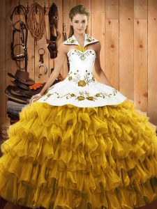 Exceptional Gold Sleeveless Floor Length Embroidery and Ruffled Layers Lace Up Quinceanera Gown