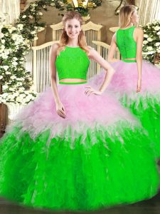 Multi-color Tulle Zipper Scoop Sleeveless Floor Length Quince Ball Gowns Ruffles