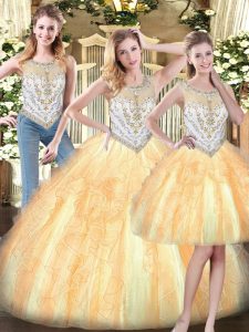 Glittering Gold Ball Gown Prom Dress Military Ball and Sweet 16 and Quinceanera with Beading and Ruffles Scoop Sleeveless Zipper