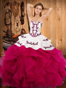 Hot Pink Ball Gowns Satin and Organza Strapless Sleeveless Embroidery and Ruffles Floor Length Lace Up Quinceanera Gowns