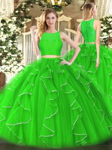 High Quality Floor Length Zipper 15th Birthday Dress Green for Military Ball and Sweet 16 and Quinceanera with Lace and Ruffles
