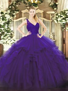Comfortable Purple Organza Backless Quinceanera Dresses Sleeveless Floor Length Beading and Lace and Ruffles