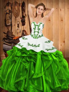 Cute Sleeveless Satin and Organza Floor Length Lace Up Sweet 16 Dress in with Embroidery and Ruffles