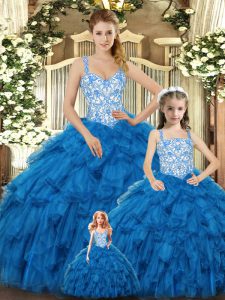 Teal Ball Gowns Beading and Ruffles Sweet 16 Quinceanera Dress Lace Up Organza Sleeveless Floor Length