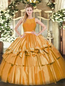 Noble Gold Scoop Neckline Ruffled Layers Quince Ball Gowns Sleeveless Zipper