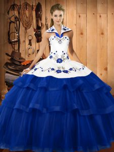 Blue Sleeveless Sweep Train Embroidery and Ruffled Layers Sweet 16 Dresses