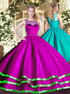 Spectacular Fuchsia Sleeveless Beading and Ruffled Layers Floor Length Quinceanera Gowns
