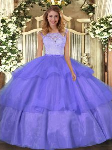Floor Length Clasp Handle Sweet 16 Dresses Lavender for Military Ball and Sweet 16 and Quinceanera with Lace and Ruffled Layers