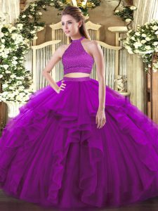 Purple Halter Top Neckline Beading and Ruffles Quinceanera Gown Sleeveless Backless
