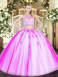 Sleeveless Tulle Floor Length Zipper Quinceanera Gowns in Rose Pink with Beading
