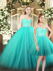 Aqua Blue Tulle Lace Up 15th Birthday Dress Sleeveless Floor Length Ruching
