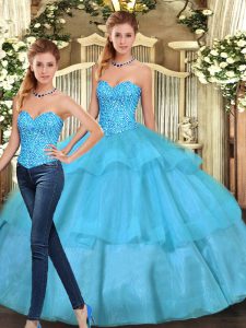 Floor Length Two Pieces Sleeveless Aqua Blue Quinceanera Dresses Lace Up