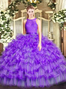 Eggplant Purple Ball Gowns Scoop Sleeveless Organza Floor Length Zipper Ruffled Layers Quinceanera Dress