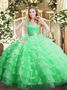 Unique Apple Green Ball Gowns Organza V-neck Sleeveless Ruffled Layers Floor Length Zipper Sweet 16 Dress