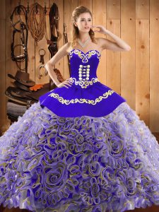 Hot Selling Satin and Fabric With Rolling Flowers Sweetheart Sleeveless Sweep Train Lace Up Embroidery 15th Birthday Dress in Multi-color