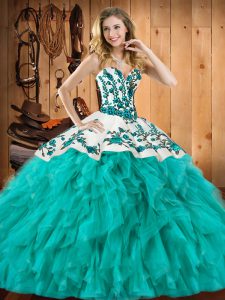Free and Easy Turquoise Quinceanera Gown Military Ball and Sweet 16 and Quinceanera with Embroidery and Ruffles Sweetheart Sleeveless Lace Up