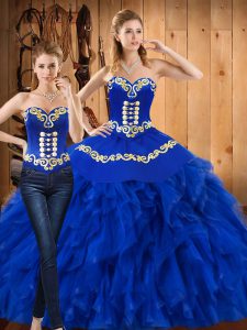 Blue Sweetheart Neckline Embroidery and Ruffles Vestidos de Quinceanera Sleeveless Lace Up