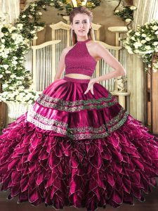 Fuchsia Sleeveless Satin and Organza Backless Quinceanera Gowns for Military Ball and Sweet 16 and Quinceanera