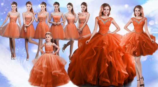 Adorable Rust Red Scoop Neckline Beading and Ruffles Quinceanera Dress Sleeveless Lace Up