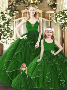 Custom Fit Sleeveless Organza Floor Length Zipper Ball Gown Prom Dress in Green with Beading and Ruffles