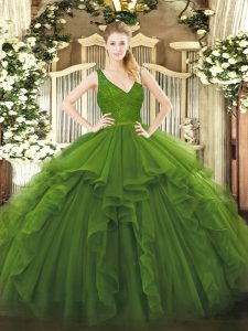Olive Green Ball Gown Prom Dress Military Ball and Sweet 16 and Quinceanera with Beading and Lace and Ruffles V-neck Sleeveless Backless