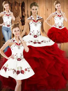 Floor Length Wine Red Quinceanera Gown Satin and Organza Sleeveless Embroidery and Ruffles