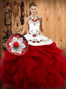 Wine Red Lace Up Sweet 16 Quinceanera Dress Embroidery and Ruffles Sleeveless Floor Length