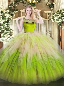 Multi-color Organza Zipper Ball Gown Prom Dress Sleeveless Floor Length Beading and Ruffles