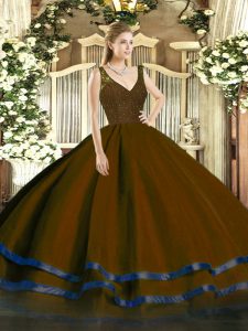 Flirting Brown Tulle Zipper Ball Gown Prom Dress Sleeveless Floor Length Beading and Ruffled Layers