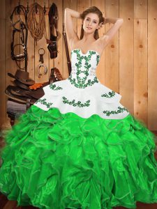 Trendy Floor Length Green Ball Gown Prom Dress Satin and Organza Sleeveless Embroidery and Ruffles