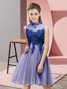 Customized Tulle High-neck Sleeveless Lace Up Appliques Quinceanera Court of Honor Dress in Lavender