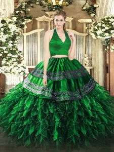Fine Halter Top Sleeveless Vestidos de Quinceanera Floor Length Appliques and Ruffles Dark Green Organza