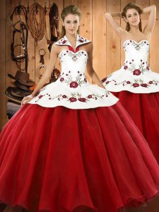 Free and Easy Halter Top Sleeveless Sweet 16 Dress Floor Length Embroidery Wine Red Satin and Tulle