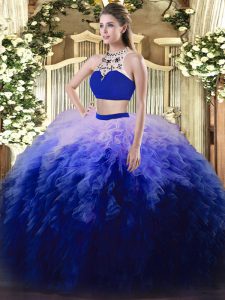 Beautiful Multi-color Two Pieces Beading and Ruffles Vestidos de Quinceanera Backless Tulle Sleeveless Floor Length
