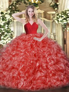 Smart Red Ball Gowns Ruffles Quince Ball Gowns Zipper Organza Sleeveless Floor Length