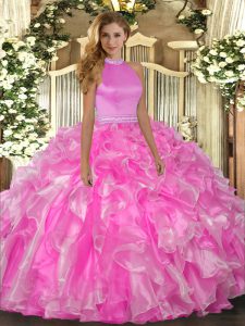 Elegant Rose Pink Sleeveless Beading and Ruffles Floor Length Sweet 16 Quinceanera Dress