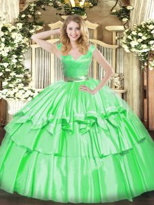 Sexy Ball Gowns Tulle V-neck Sleeveless Beading and Ruffled Layers Floor Length Zipper Quinceanera Dress