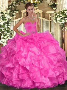Ideal Hot Pink Ball Gown Prom Dress Military Ball and Sweet 16 and Quinceanera with Beading and Ruffles Sweetheart Sleeveless Lace Up