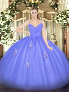 Adorable Floor Length Zipper Quinceanera Gown Blue for Military Ball and Sweet 16 and Quinceanera with Appliques