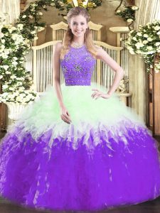 Sleeveless Tulle Floor Length Zipper Ball Gown Prom Dress in Multi-color with Beading and Ruffles