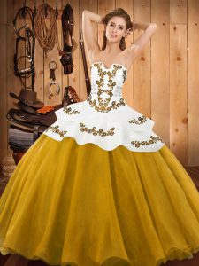 Floor Length Gold 15th Birthday Dress Tulle Sleeveless Embroidery