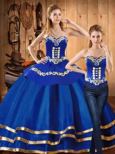 Elegant Blue Ball Gowns Sweetheart Long Sleeves Satin and Tulle Floor Length Lace Up Embroidery Sweet 16 Dress