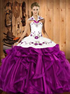 Perfect Eggplant Purple Halter Top Neckline Embroidery and Ruffles Ball Gown Prom Dress Sleeveless Lace Up