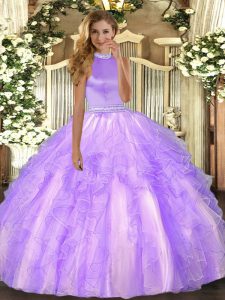 Lavender Organza Backless Halter Top Sleeveless Floor Length Quinceanera Dress Beading and Ruffles