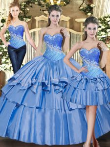 Cute Floor Length Baby Blue Sweet 16 Quinceanera Dress Tulle Sleeveless Beading and Ruffled Layers