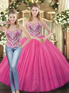 New Style Floor Length Lace Up Quinceanera Gowns Hot Pink for Military Ball and Sweet 16 and Quinceanera with Beading