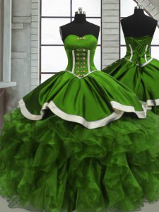Green Ball Gowns Beading and Ruffles and Ruching Vestidos de Quinceanera Lace Up Organza Sleeveless Floor Length