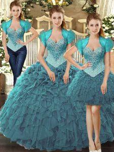 Teal Straps Lace Up Beading and Ruffles Sweet 16 Dress Sleeveless